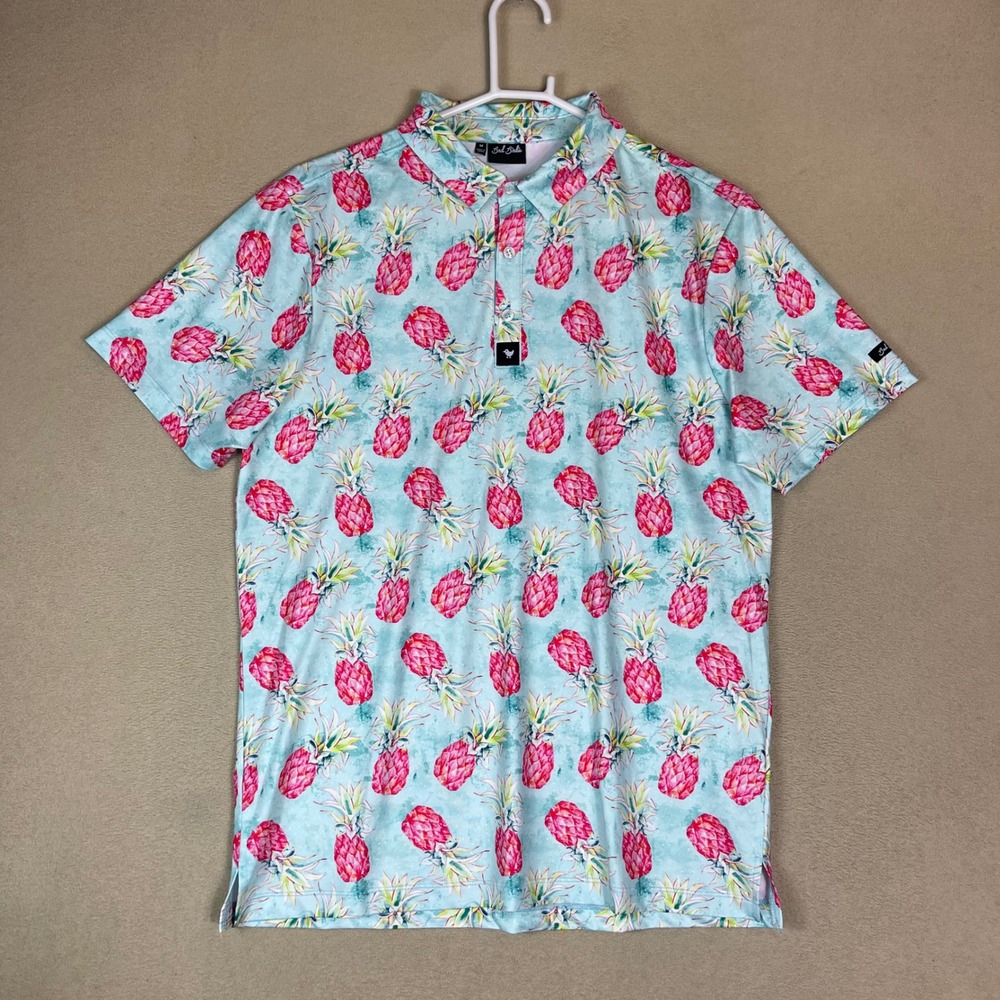 Bad Birdie Mens Pineapple Print Golf Polo Shirt Blue Pink Short Sleeve Size M